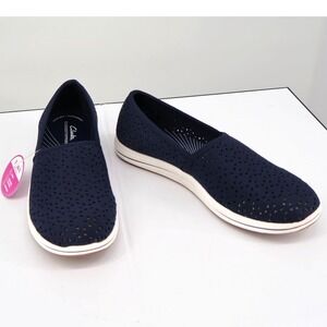 Clarks Breeze Emily Navy Perforated Slip On Shoes Comfort Lightweight 8.5